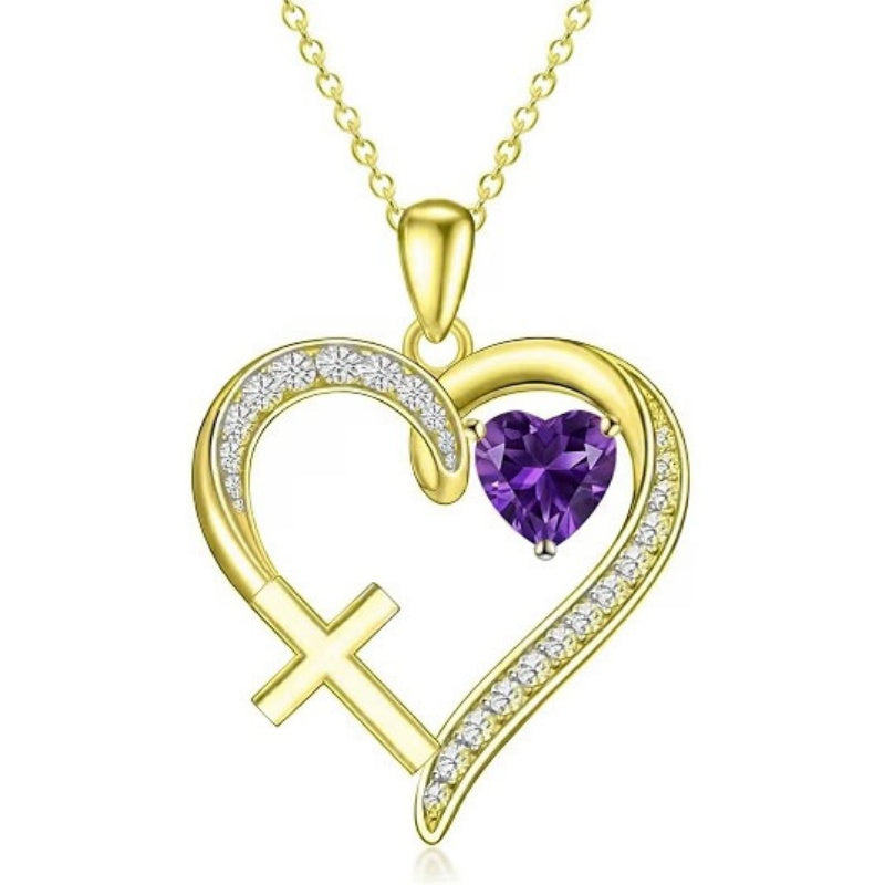 14K Gold  Plated 12 Months Birthstone  Heart Cross Pendant Necklace  for Women
