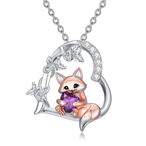 Sterling Silver Heart Birthstone Fox Pendant Necklace