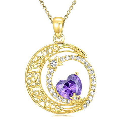 10K 14K 18K Gold Heart Birthstone Moon and Star Pendant  Necklace for Women