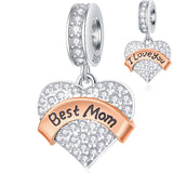 Family Theme Charm 925 Sterling Silver Mother Father Clear Pave Heart Pendant Beads Fit European Women Bracelet