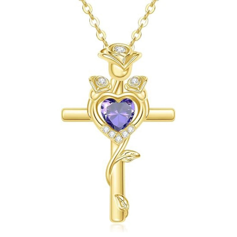 14K Gold Plated Birthstone Rose Cross Necklace for Women Faith Jewelry Gift