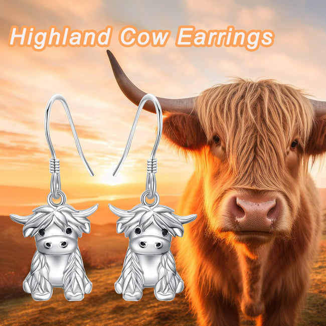 Highland Cow Dangle Earrings 925 Sterling Sliver Cow Drop Earrings Highland Cow Jewelry Gifts for Women Girls