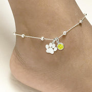 Birthstone Paw Print Anklet Sterling Silver Beaded Ankle Bracelet Cat Paw Anklet Dog Paw Anklet