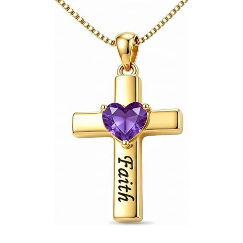 14K Gold Plated Heart Birthstone Cross Necklace for Women Engraved with Faith