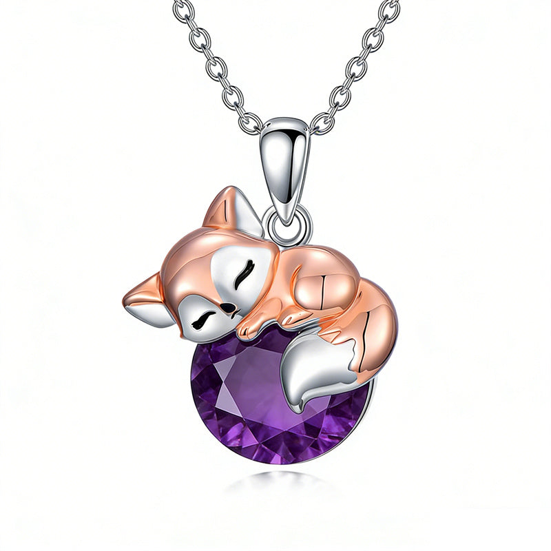 Sterling Silver 12 Month Birthstone Fox Pendant Necklace for Women