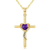 14K Gold Plated Dainty Heart Birthstone Pendant Cross Necklace for Women Religious Gift