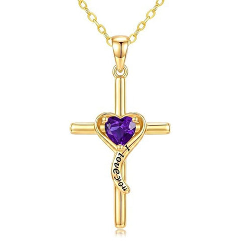14K Gold Plated Dainty Heart Birthstone Pendant Cross Necklace for Women Religious Gift