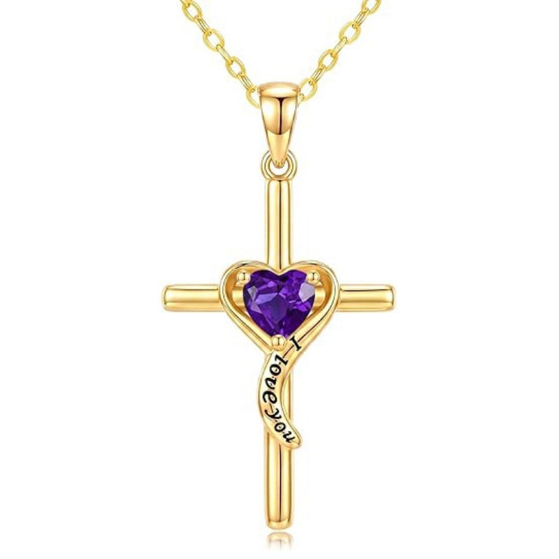 14K Gold Plated Dainty Heart Birthstone Pendant Cross Necklace for Women Religious Gift