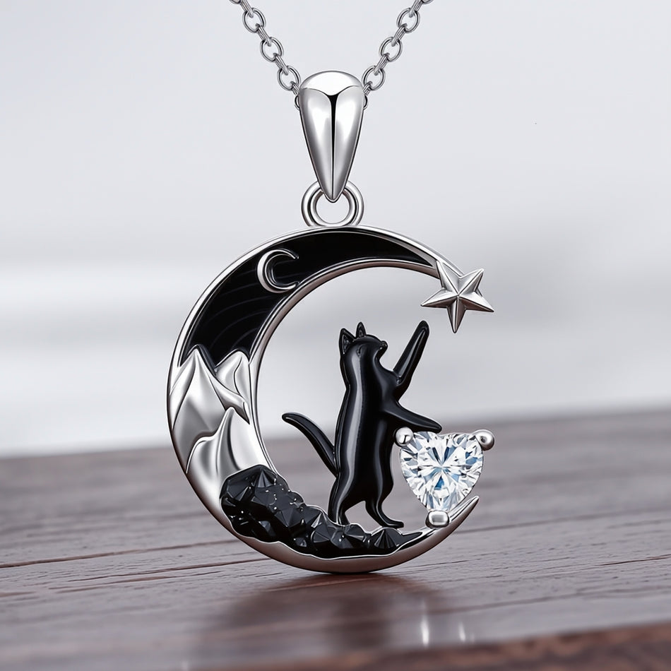 Sterling Silver Heart Birthstone Moon Star Black Cat Pendant Necklace