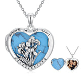 Sterling Silver Turquoise Personalized Photo 12-Month Birth Flower Pendant Necklace