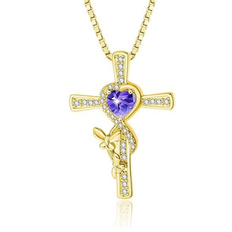 14K Gold Plated Birthstone Butterfly  Cross Pendant Necklace Anniversary Birthday for Her