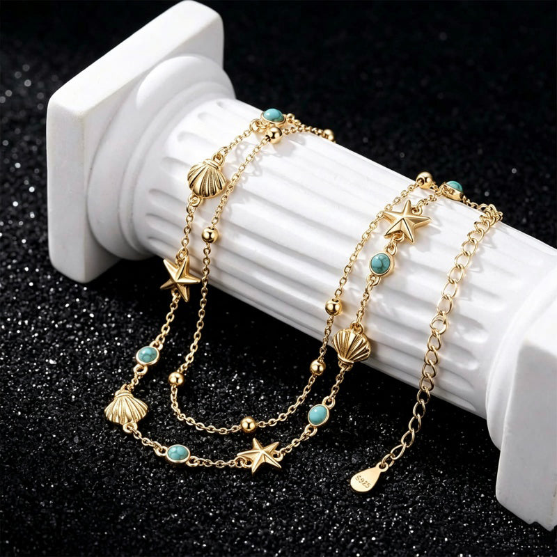 14K Gold Plated Turquoise Turtle Starfish Ocean Double Layered Anklet