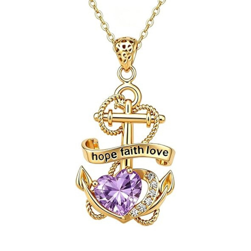 14K Gold Plated Heart Birthstone Anchor Necklace Engraved with Hope Faith Love