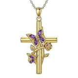 Birthston Butterfly Rose 14K Plated Gold Cross Pendant Necklace for Women