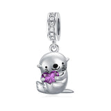 Sterling Silver Birthstone Otter Bead Charm for  Otter Lovers
