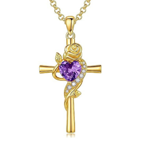 14K Gold Plated Birthstone Rose Cross Necklace for Women Faith Jewelry Gift