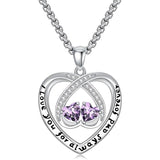 Sterling Silver Double Heart Birthstone Pendant Necklace Engraved with I Love You for Always and Forever