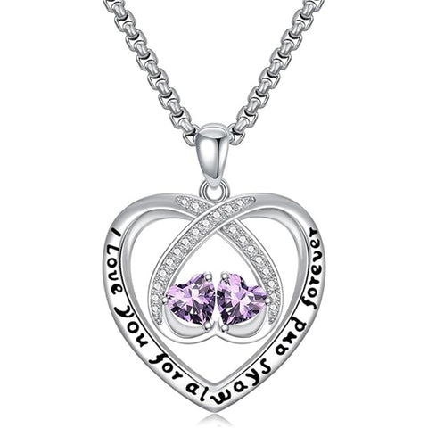Sterling Silver Double Heart Birthstone Pendant Necklace Engraved with I Love You for Always and Forever
