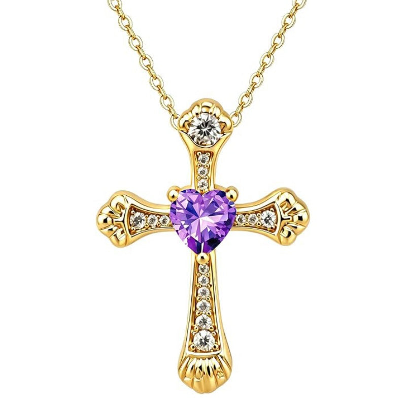 14K Gold Plated Heart Cut Cubic Zirconia Cross  Pendant Necklace For Women Religious Faith Jewelry