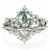 Sterling Silver 2CT Moss Agate  Engagement Wedding Ring Sets for Women