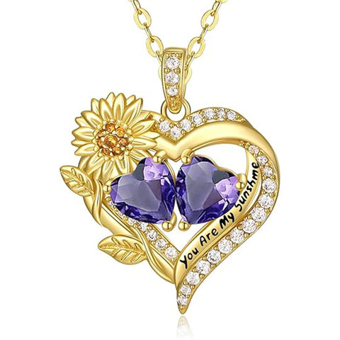 Sterling Sliver Birthstone Love Heart & Sunflower Pendant Necklace Engraved With You Are My Sunshine