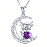 Sterling Silver Round Heart Birthstone Highland Cow Pendant Necklace Fluffy Cow Jewelry Gifts Birthday Christmas