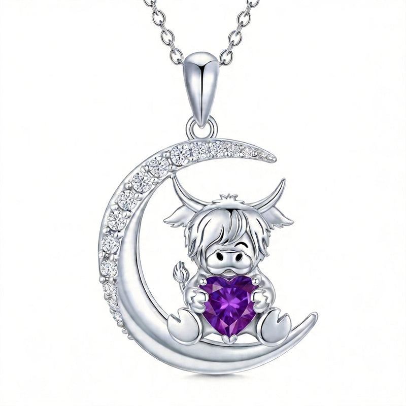 Sterling Silver Round Heart Birthstone Highland Cow Pendant Necklace Fluffy Cow Jewelry Gifts Birthday Christmas