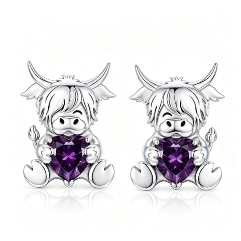 Sterling Silver 12 Month Birthstone Highland Cow Stud Earrings Christmas Gift