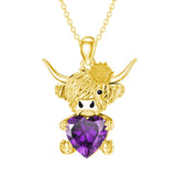 14K Gold Heart Birthstone Highland Cow Pendant Necklace