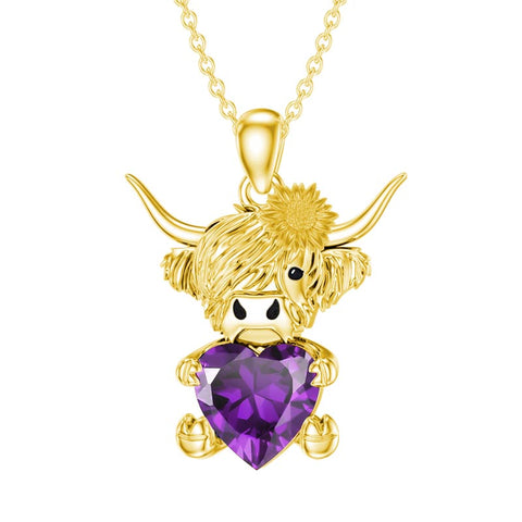 14K Gold Heart Birthstone Highland Cow Pendant Necklace