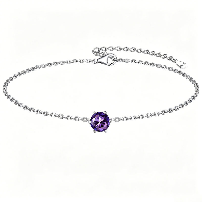 Sterling Silver Simple Dainty Round Heart Birthstone Single Layer Charm Anklet