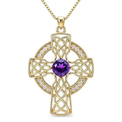 14K Gold Plated Birthstone Celtic Knotwork Cross Necklace for Women