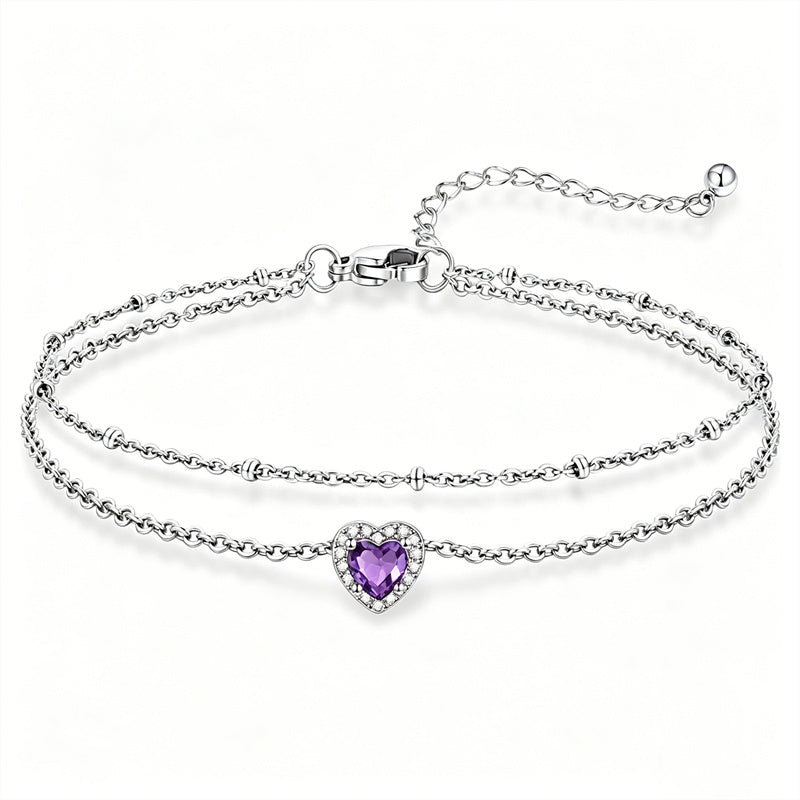 Sterling Silver Birthstone Double Layer Anklet for Beach Weddings, Summer Vacations & Pool Parties