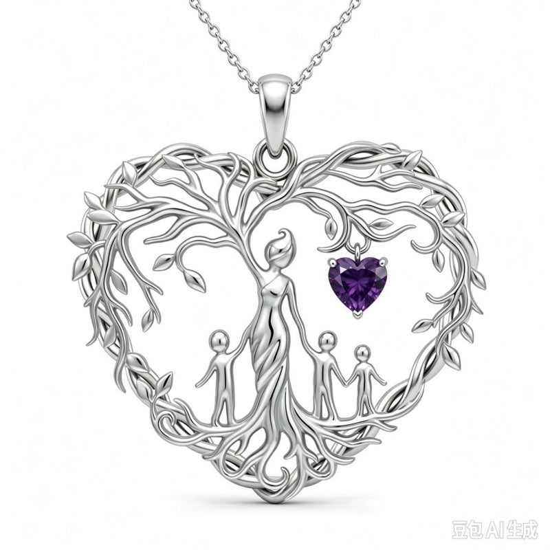 Sterling Silver Heart Pendant Birthstone Tree of Life Mother Child Family Necklace