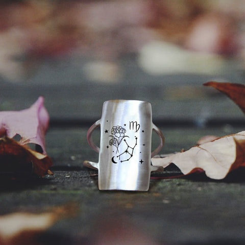 Sterling Silver Constellation Ring with Birth Flower and Horoscope Symbol