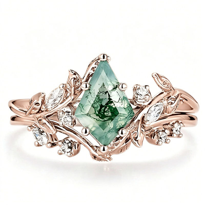 Sterling Silver 2CT Moss Agate  Engagement Wedding Ring Sets for Women