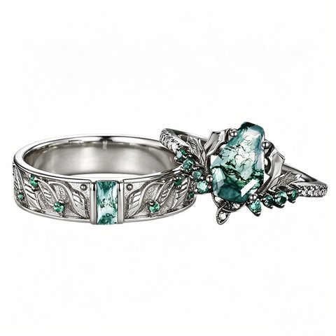 Sterling Silver 10K 14K 18K Gold Natural Leaf  Moss Agate Engagement Anniversary Couple Ring Sets