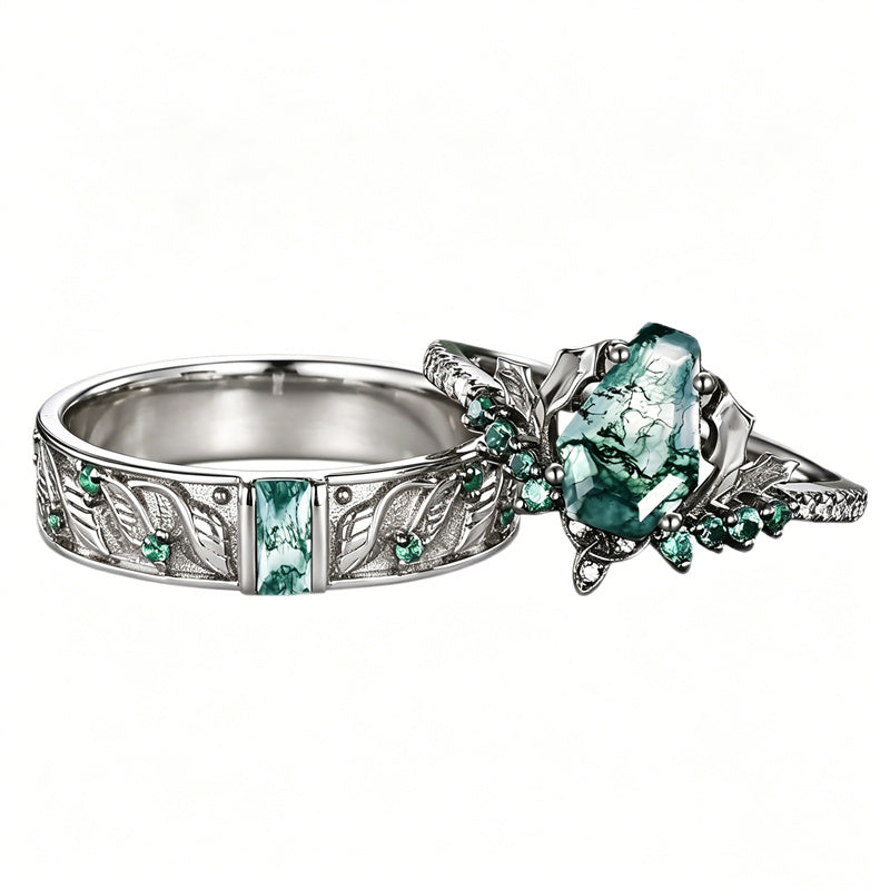 Sterling Silver 10K 14K 18K Gold Natural Leaf  Moss Agate Engagement Anniversary Couple Ring Sets