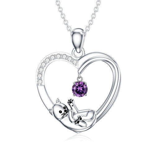 Cat Heart Necklace with Synthetic Birthstone Silver Cat Birthstone Necklace Gift for Women Girls