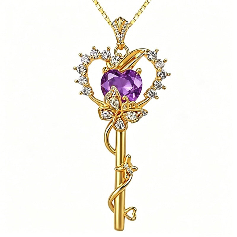 Birthstone Infinity Heart 14K Gold Plated Butterfly Key Pendant Necklace Gift for Her