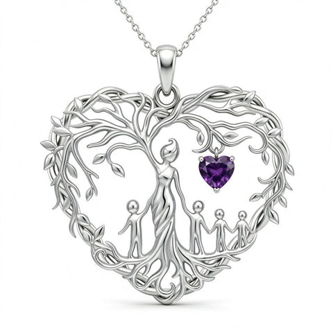 Sterling Silver Heart Pendant Birthstone Tree of Life Mother Child Family Necklace