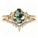 Sterling Silver 10K 14K  18K Gold Personalized Engraved Moss Agate Gothic Promise Wedding Engagement Black Ring Set