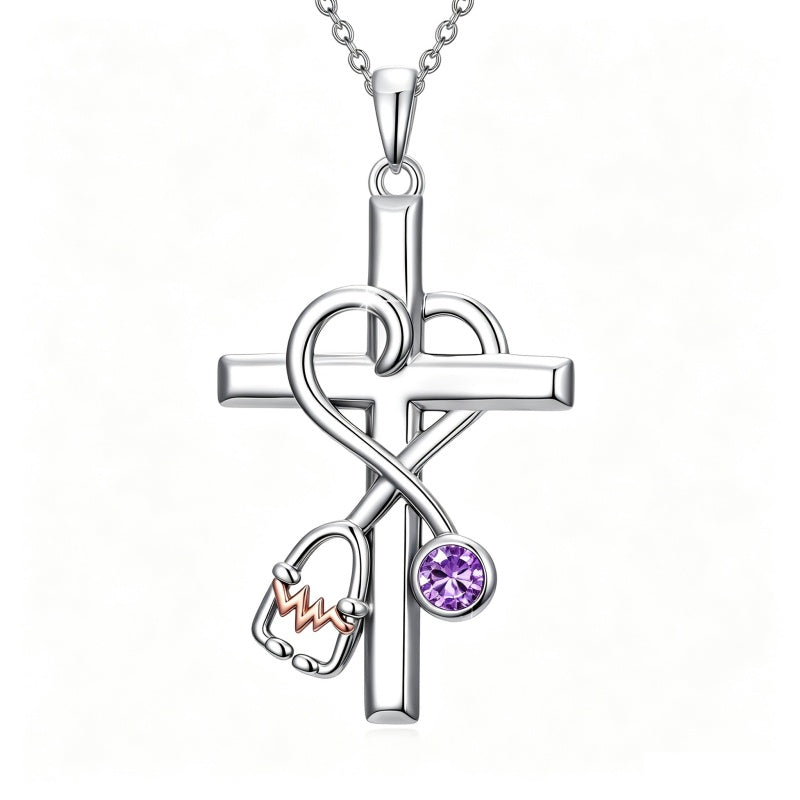 14K Gold Plated  Birthstone Stethoscope Cross Necklace Graduation Gifts for Women RN