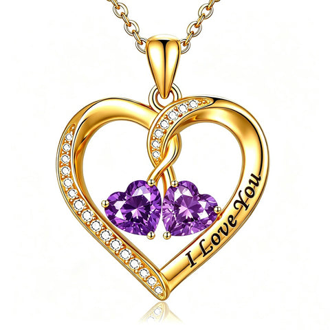 14K Gold Plated Double Heart Birthstone Rose Pendant Necklace for Women