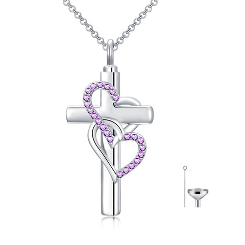 Sterling Silver Birthstone Cross Urn Necklace for Ashes