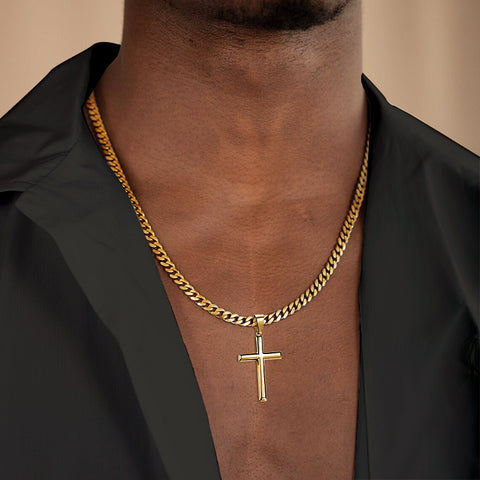 Sterling Silver Cross Necklace Beveled Edge for Men Women With Stainless Steel Cuban Link Necklace