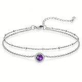 Sterling Silver Birthstone Double Layer Anklet for Beach Weddings, Summer Vacations & Pool Parties