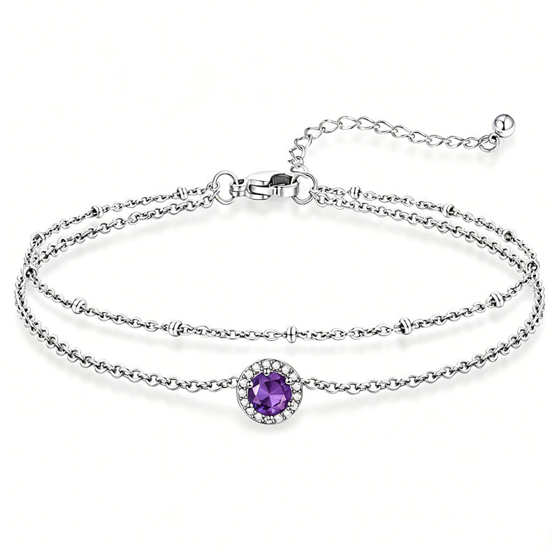 Sterling Silver Birthstone Double Layer Anklet for Beach Weddings, Summer Vacations & Pool Parties