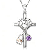 14K Gold Plated  Birthstone Stethoscope Cross Necklace Graduation Gifts for Women RN