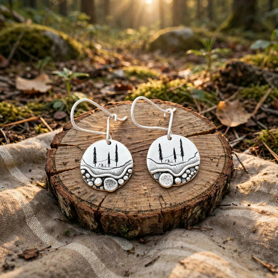 Sterling Silver Trail Mini Forest Pebble Wildflower Dangle Earrings